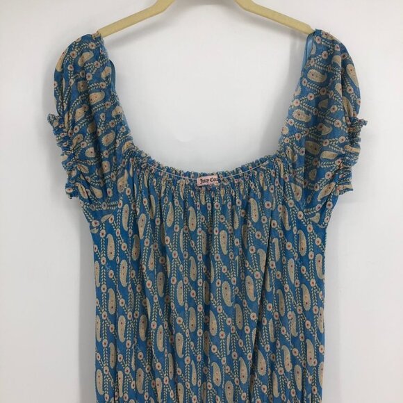 Juicy Couture Blue Beige multicolor Tiered Chiffon Paisley Maxi Dress size L - Picture 3 of 14